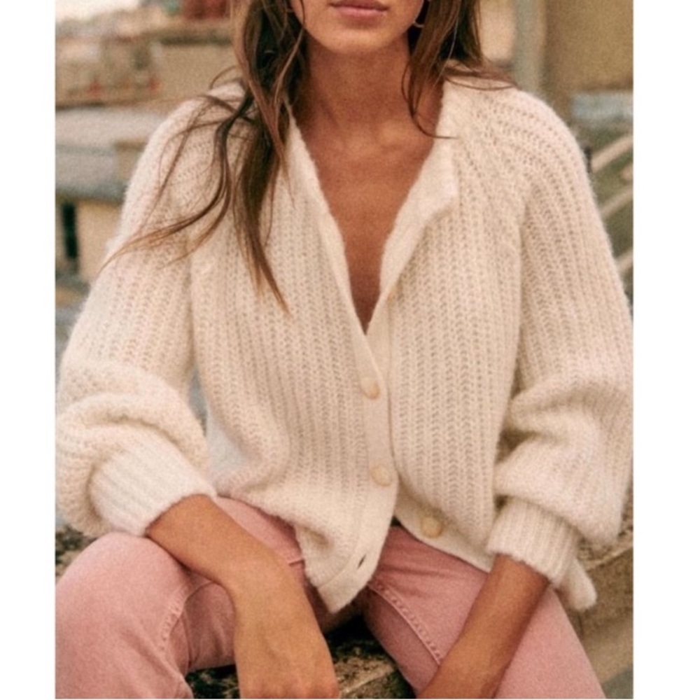 Sezane White Cardigan with Balloon Sleeves